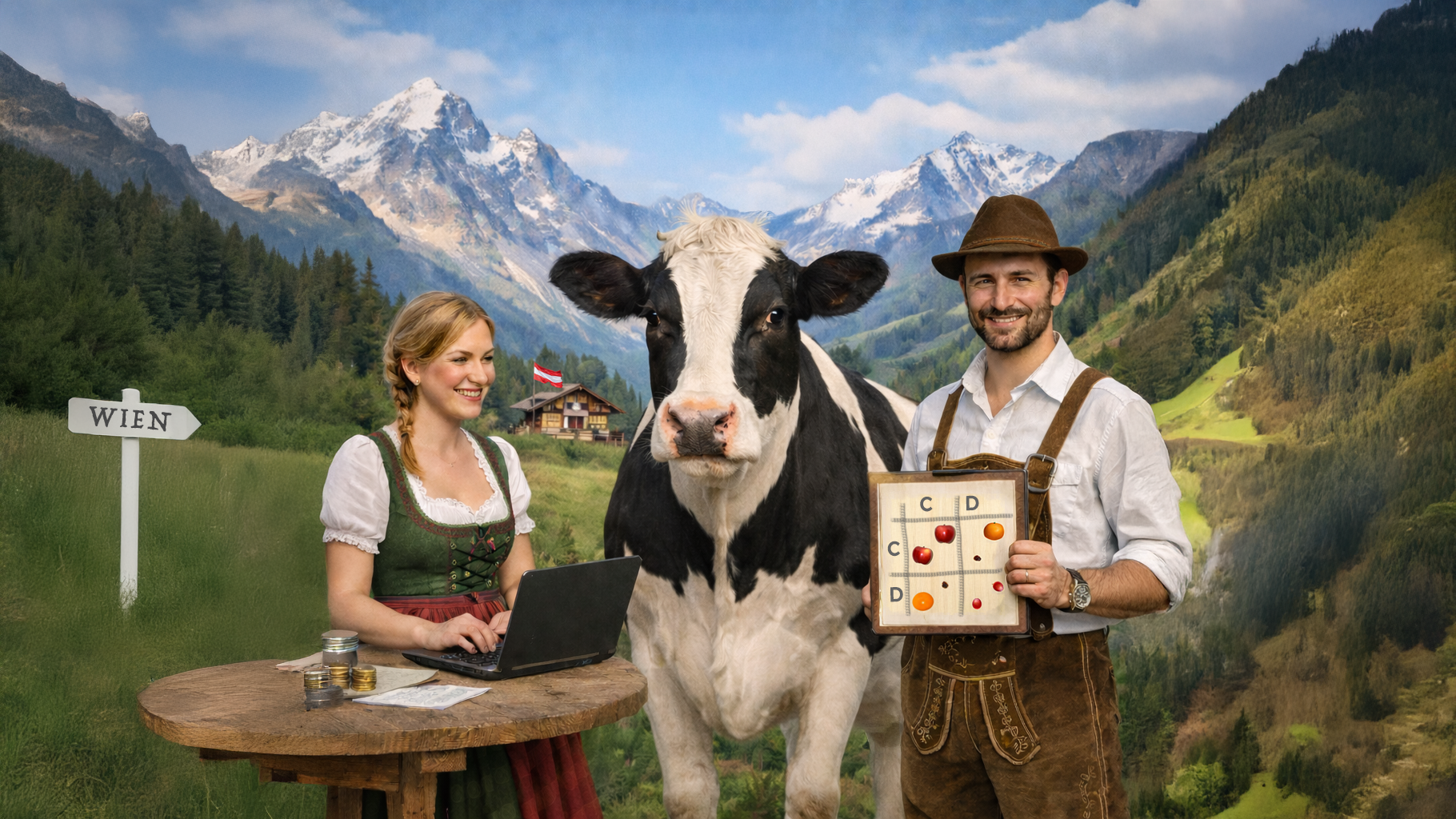 Two traditionally clothed Austrians and a cow playing a prisoner's dilemma game in an alpine setting
